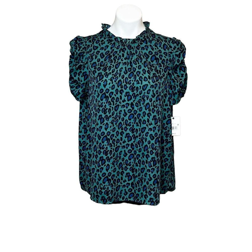 Ophelia Roe NWT green and blue leopard print short sleeve ruffle top size L